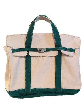 Boatkin Sunwin Canvas Hermes Birkin Bag Style Cream Kelly Racing Green Like New